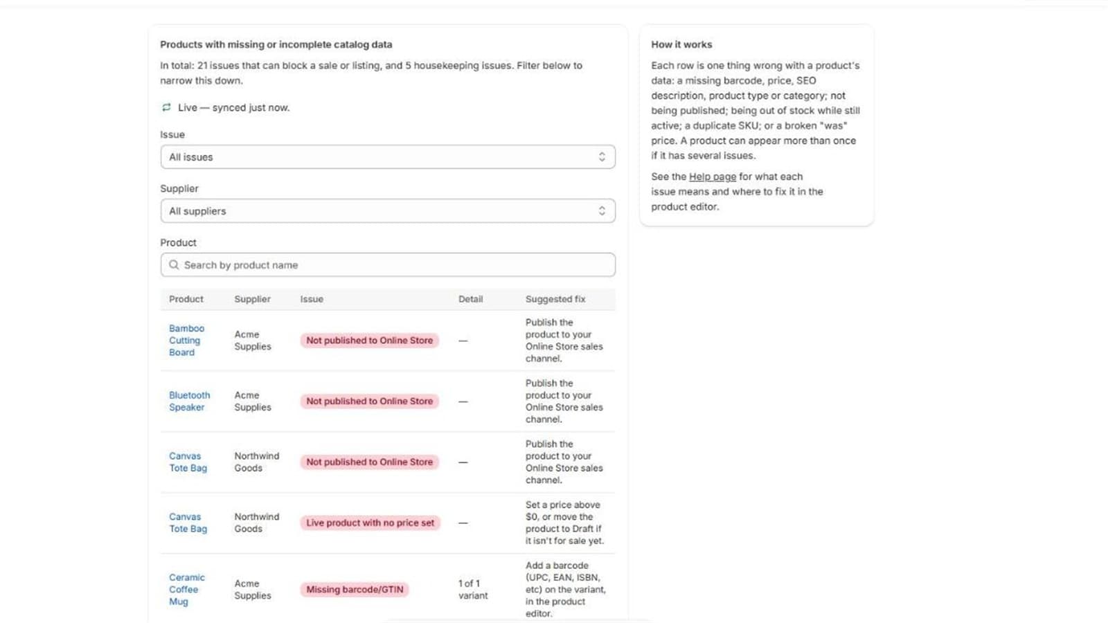 Catalogue data screen listing missing barcodes, prices and SEO descriptions